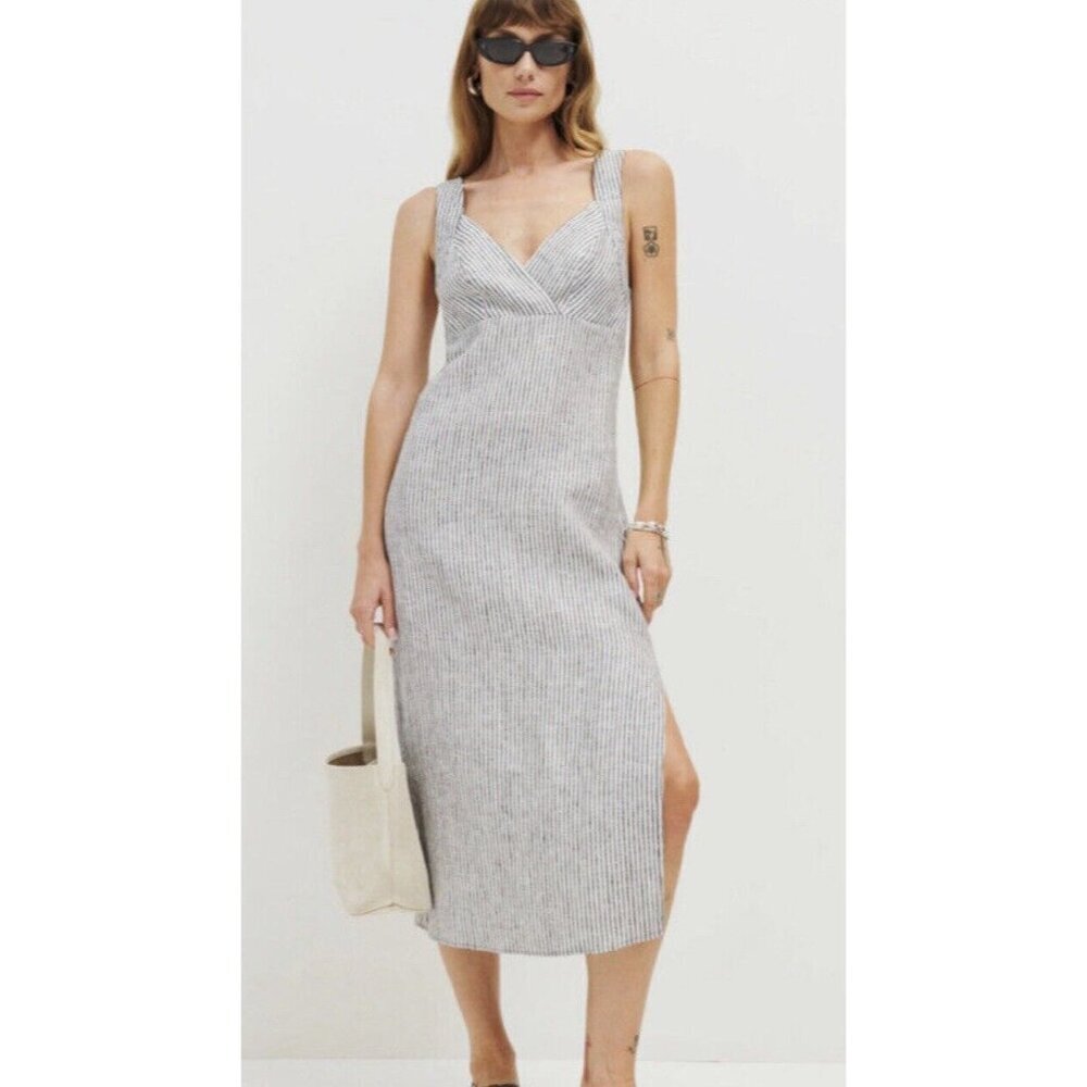 Reformation NEW Allira Linen Midi Dress Vineyard Striped Size 6